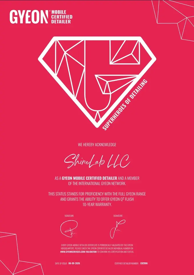 ShineLab LLC GYEON Mobile Certified Detailer certificate